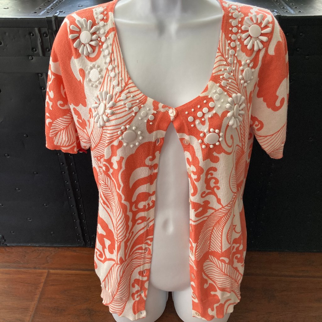 Cato Orange And Cream Floral Embellished Cardigan Sweater